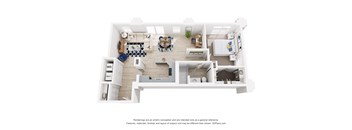 A 3D floor plan of an apartment with a kitchen, living room, dining room, and two bedrooms.