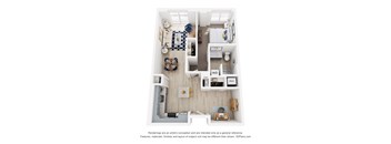 A 3D floor plan of a one bedroom  apartment with a kitchen, living room, den and bathroom.