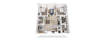 A floor plan of a small apartment with a kitchen, living room, and two bedrooms.