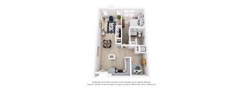 A 3D floor plan of a small one bedroom apartment with a kitchen, living room, den and bathroom.