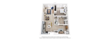 A floor plan of a 1 bedroom apartment with a kitchen, living room, den and bathroom.