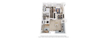 A 3D floor plan of a one bedroom apartment with a kitchen, living room, den and bathroom.
