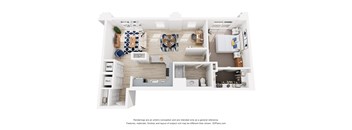 A 3D floor plan of a one bedroom apartment with a kitchen, living room, dining room, den, walk-in closet and bathroom.