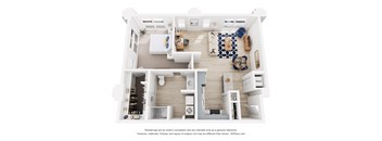 A 3D floor plan of a one bedroom apartment with a kitchen, living room, den and bathroom.
