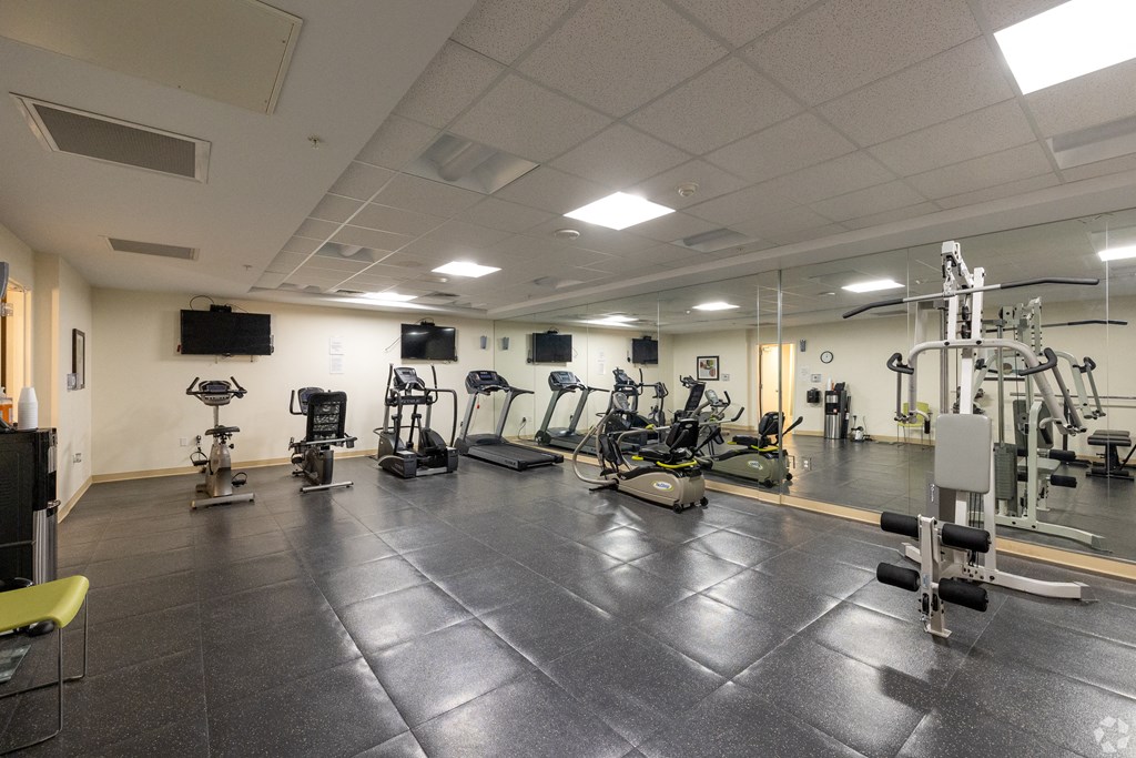 a gym with cardio equipment and weights on the floor
