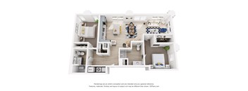 A 3D floor plan of a two bedroom two bathroom apartment with a kitchen, living room, and two bedrooms.