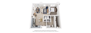 A 3D floor plan of a small apartment with a kitchen, living room, and bathroom.