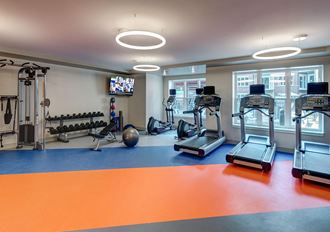 a workout room with treadmills and weights and a tv
