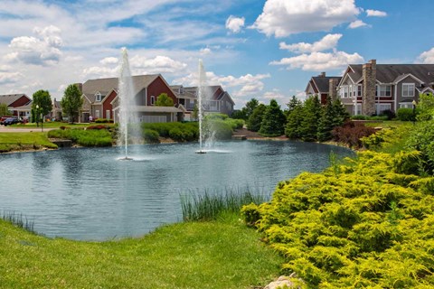 a fountain in a pond with houses in the background