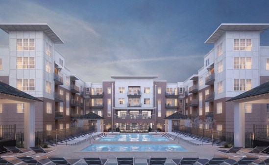 a rendering of an apartment building with a swimming pool