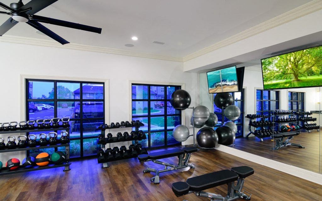 a gym with weights and balls and a view of the outdoors