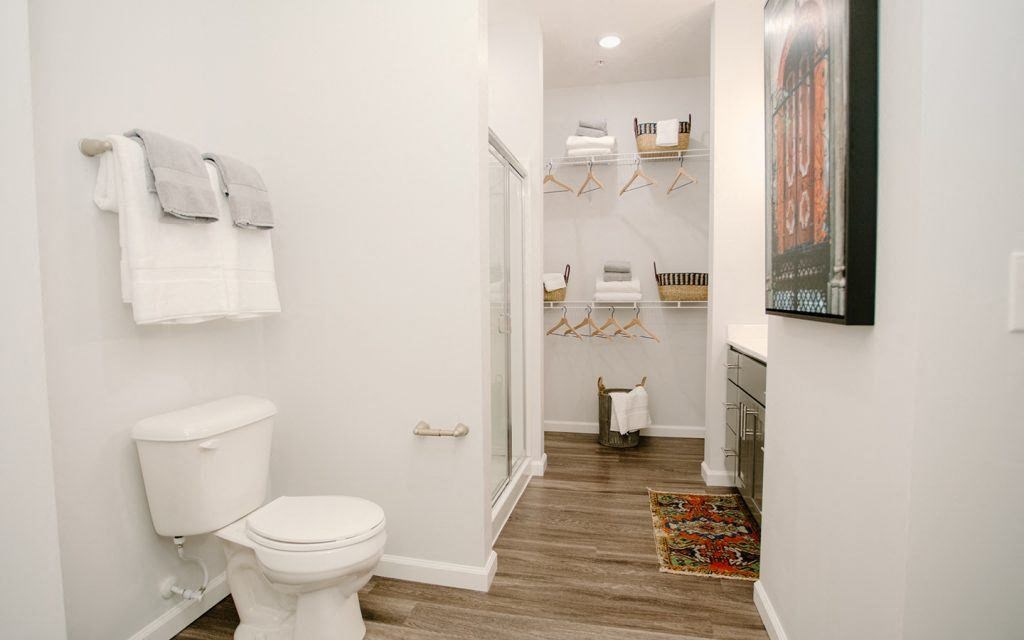 a bathroom with a toilet and a walk in shower