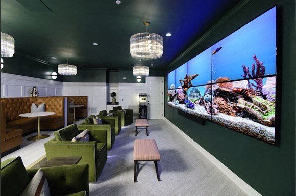 a room with green chairs and a large aquarium on the wall