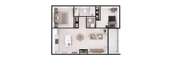 A top-down view of a well-organized apartment with a kitchen, living room, and bedroom.