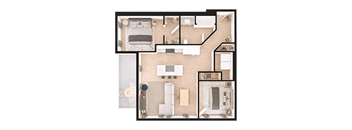 A top-down view of a living room, kitchen, and dining area.