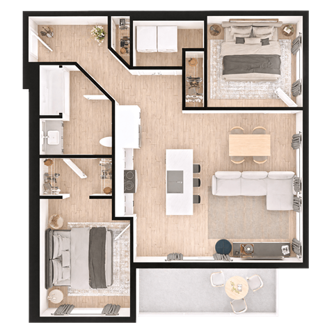A top-down view of a well-organized apartment with a living room, kitchen, and bedroom.