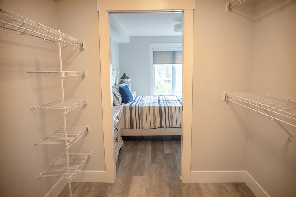 a closet in a bedroom with a bed and a closet door open to a room