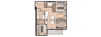 A top-down view of a small apartment layout with a kitchen, living room, and bathroom.