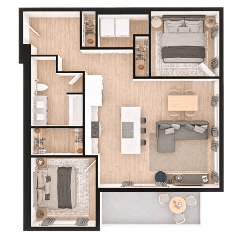 A top-down view of a small apartment layout with a kitchen, living room, and bathroom.