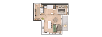 A top-down view of a modern living room and kitchen area.
