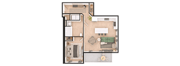 A top-down view of a house layout with a living room, kitchen, and bathroom.
