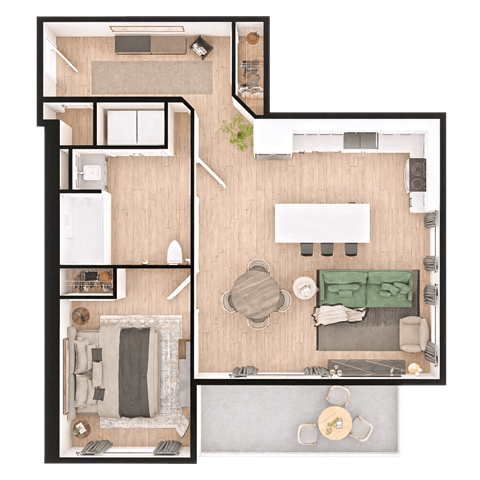 A top-down view of a house layout with a living room, kitchen, and bathroom.