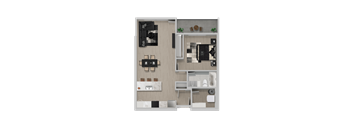 A floor plan of a small apartment with a kitchen, living room, and bathroom.