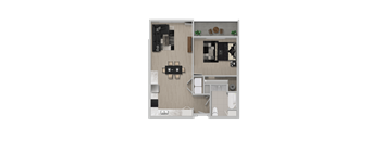 A floor plan of a small apartment with a kitchen, living room, and bathroom.