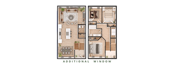 A floor plan of a house with a living room, dining room, kitchen, and bathrooms.