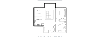 a floor plan of a small apartment with a bedroom and a bathroom