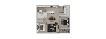 A top-down view of a modern apartment layout with a kitchen, living room, and bathroom.
