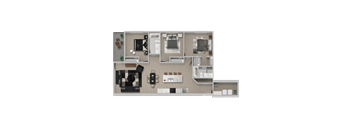 A floor plan of a house with a kitchen, living room, and two bedrooms.
