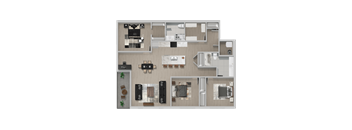 A floor plan of a house with a kitchen, living room, and two bedrooms.