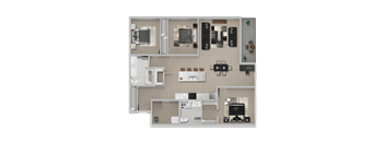 A floor plan of a house with a kitchen, living room, and bathrooms.