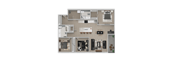 A top-down view of a modern apartment layout with a kitchen, living room, and bedrooms.
