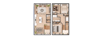 A floor plan of a house with two living rooms, two kitchens, and two bathrooms.