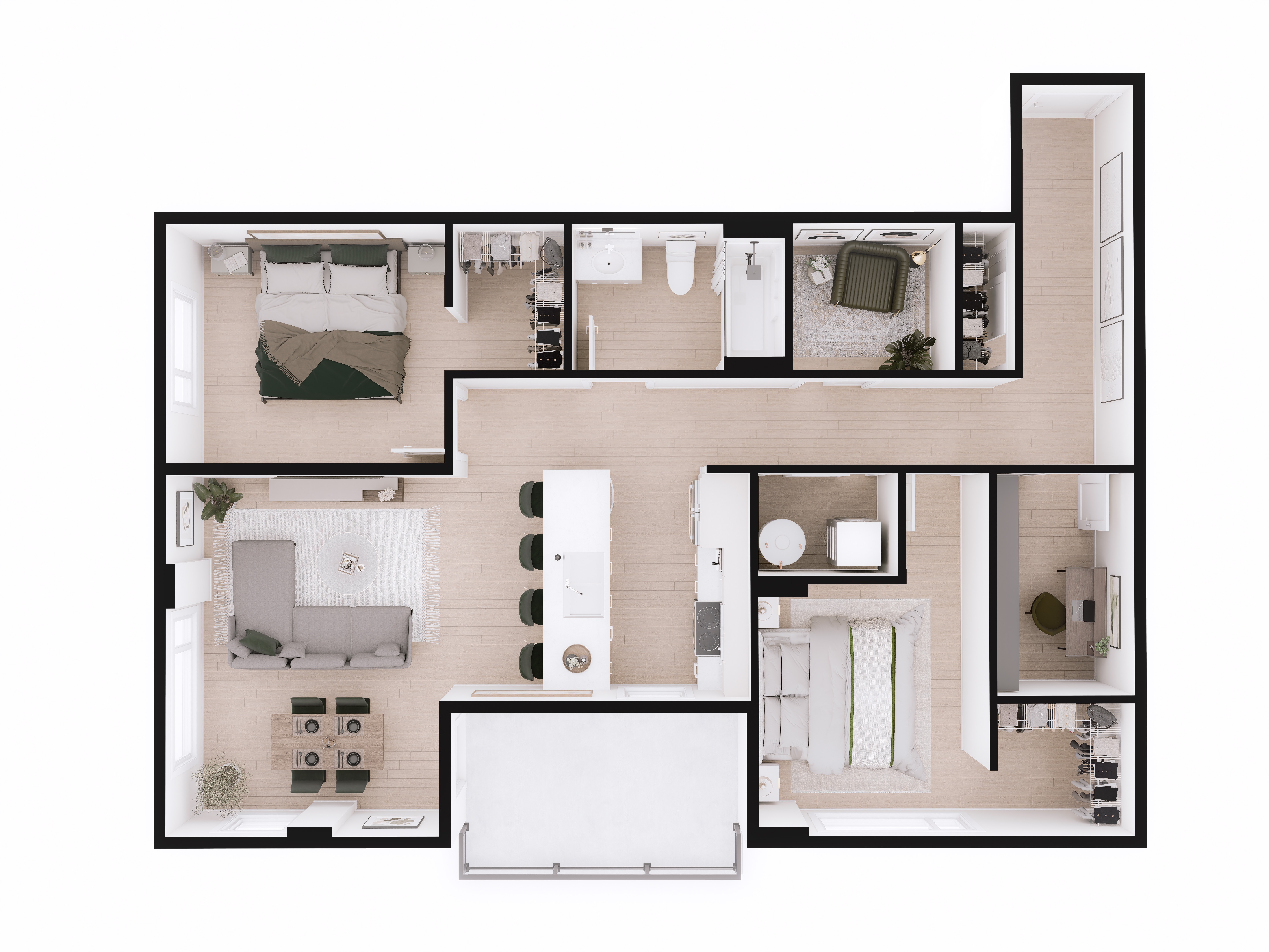A top-down view of a modern apartment layout.