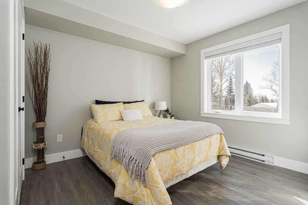 a bedroom with a bed and a window