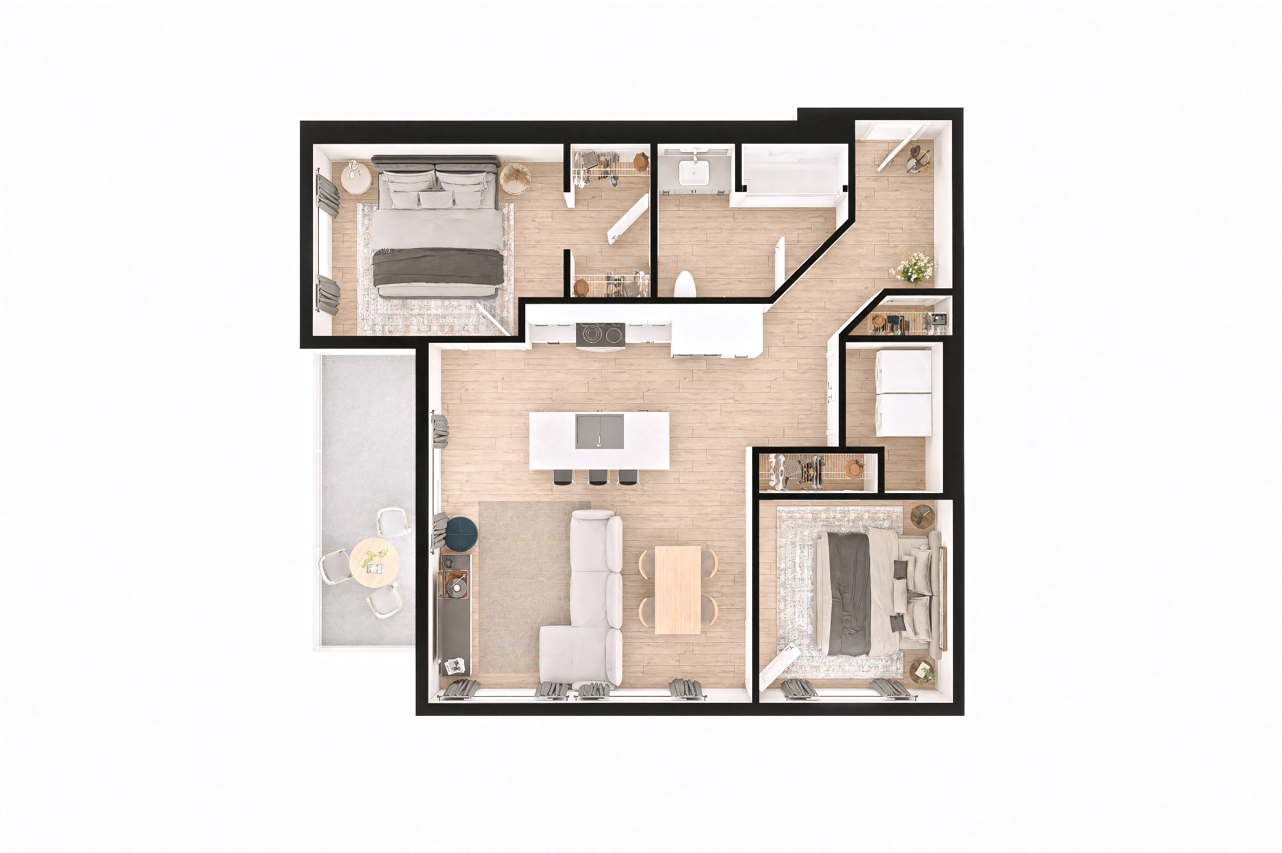 A floor plan of a house with a kitchen, living room, and two bedrooms.
