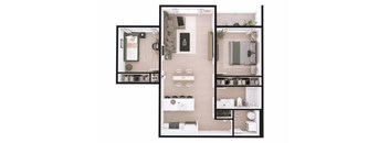 A top-down view of a small apartment with a kitchen, living room, and bathroom.