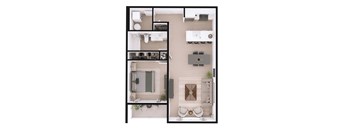 A top down view of a living room, kitchen, and dining area.