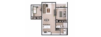 A top down view of a small apartment with a kitchen, living room, and bathroom.