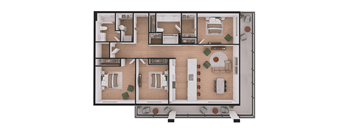 A floor plan of a house with a living room, dining room, kitchen, and two bedrooms.
