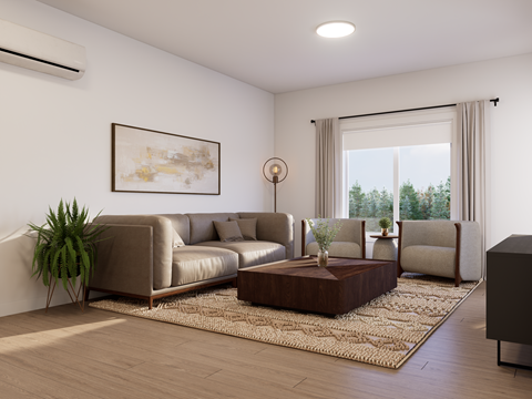 A living room with a brown leather sofa, a wooden coffee table, and a painting on the wall.