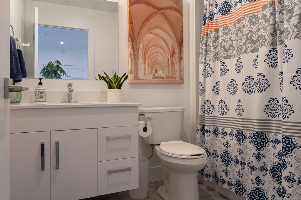 a bathroom with a shower curtain and a toilet