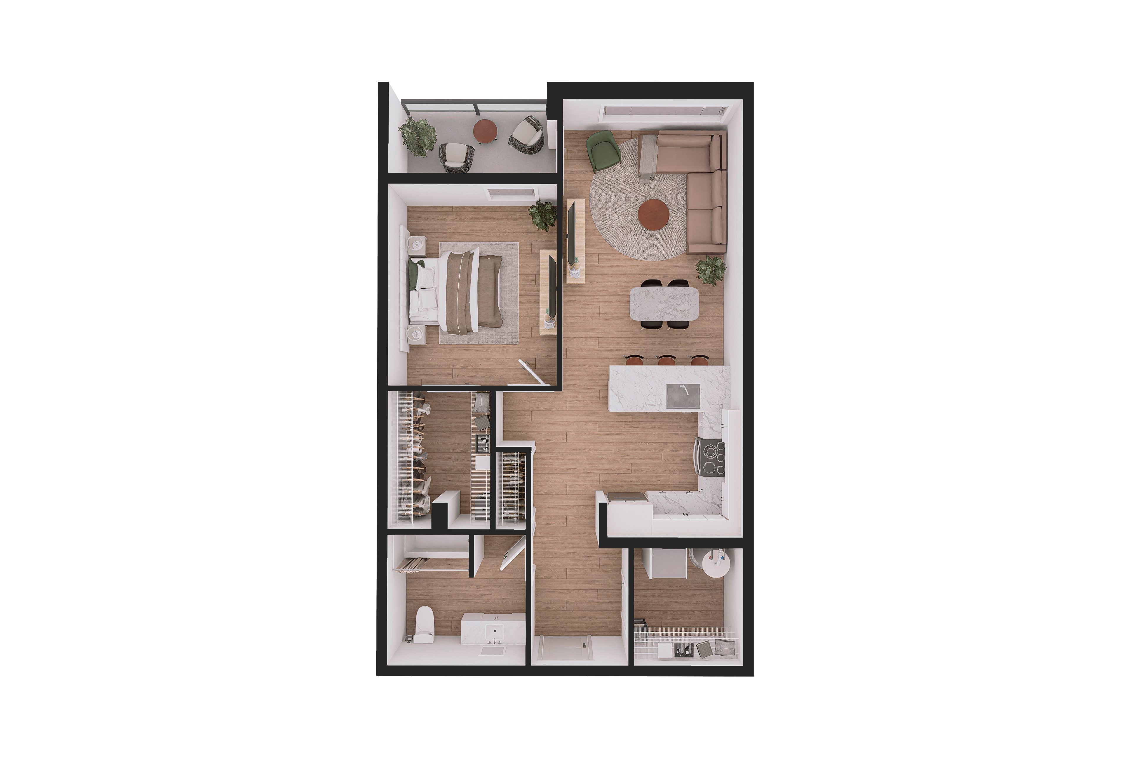 A floor plan of a house with a kitchen, living room, and two bedrooms.