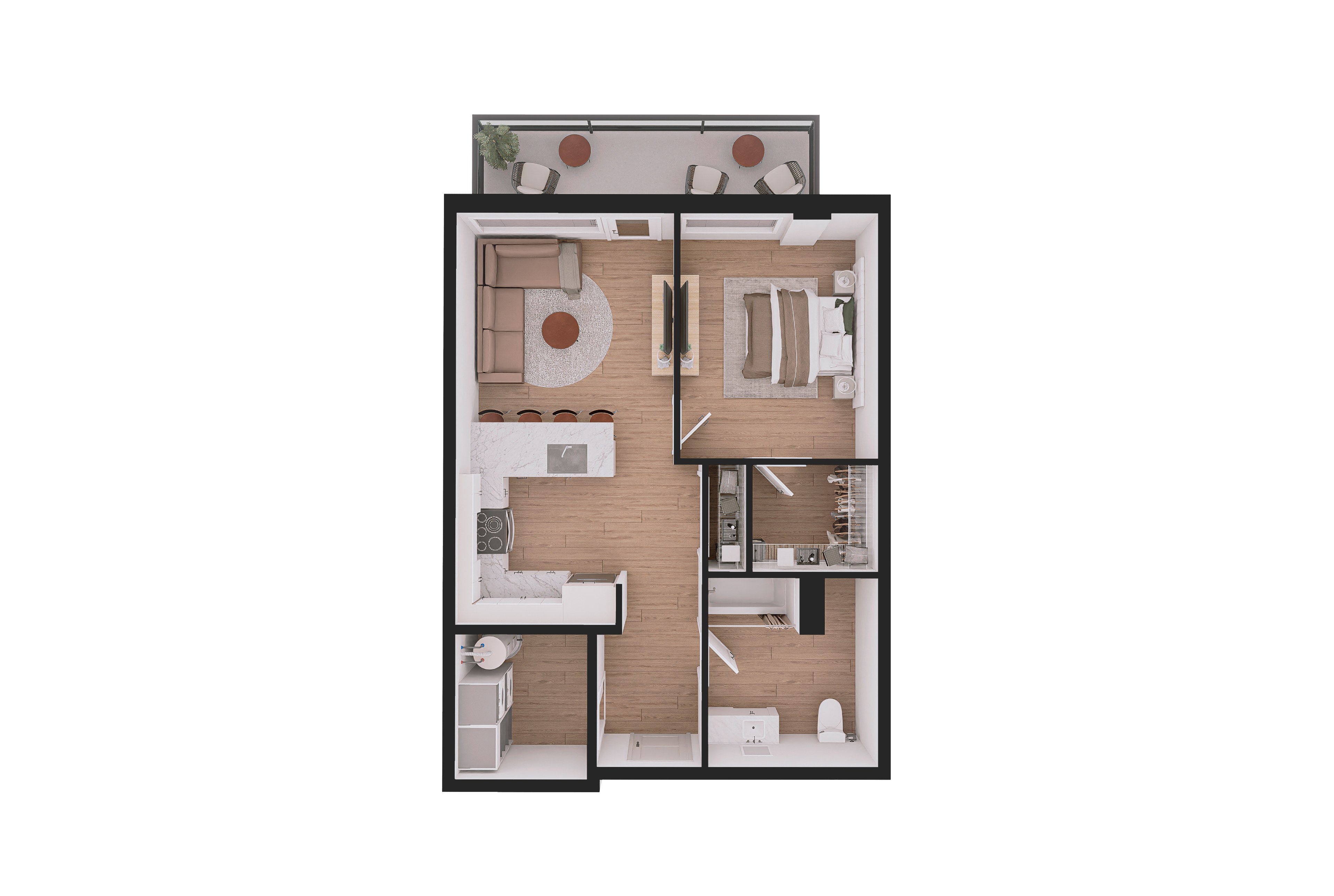 A floor plan of a small apartment with a kitchen, living room, and two bedrooms.