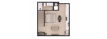 A top-down view of a living room with a couch, chair, and coffee table.