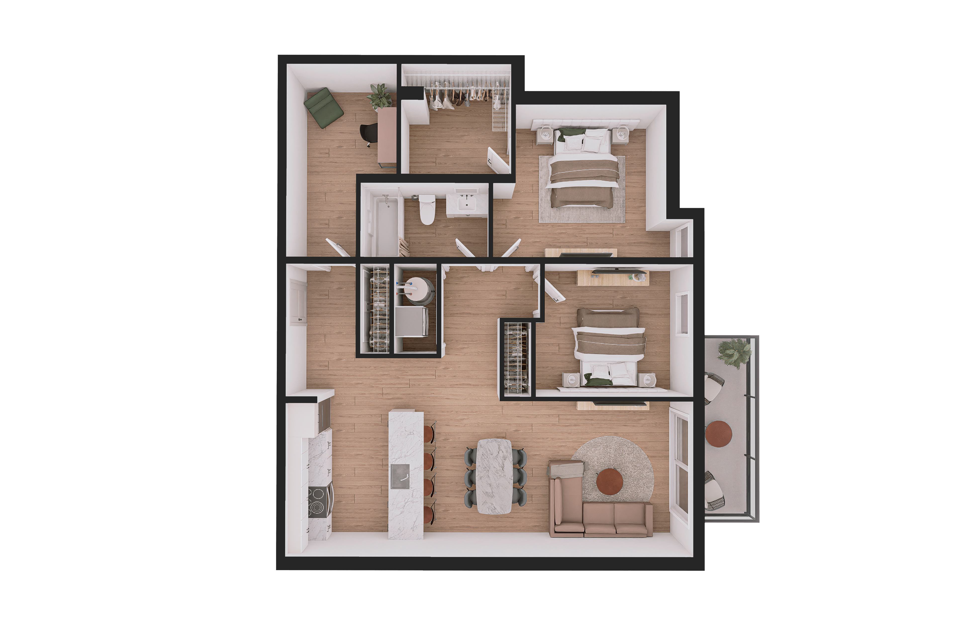 A floor plan of a house with a kitchen, living room, dining room, and two bedrooms.
