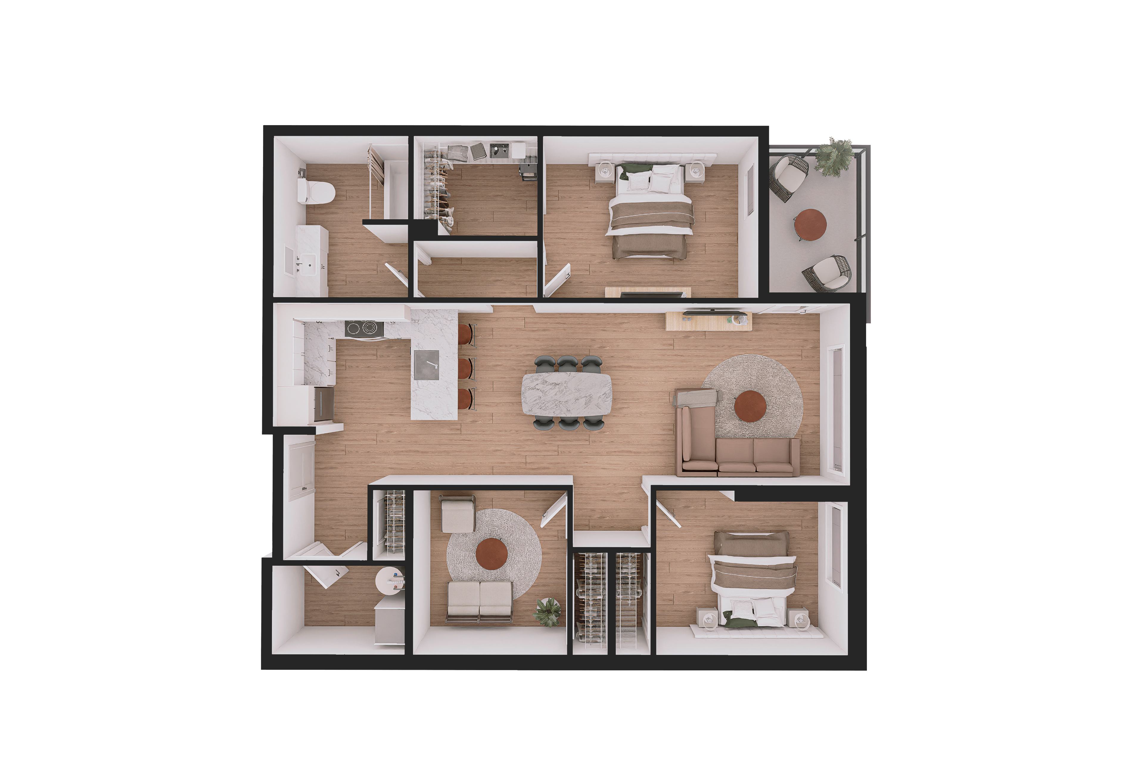 A 3D floor plan of a house with a living room, kitchen, dining room, and two bedrooms.